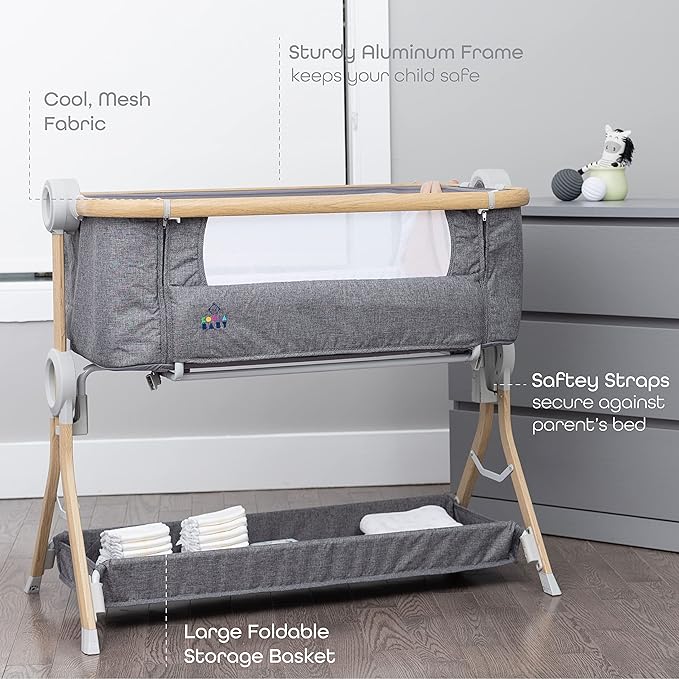 KoolerThings Baby Bassinet, Bedside Sleeper for Baby, Easy Folding Portable Crib with Storage Basket for Newborn, Bedside Bassinet, Comfy Mattress/Travel Bag Included