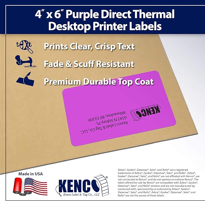 4" X 6" Direct Thermal Perforated Stickers Labels for Shipping Labels, Inventory, and Color Coding - Compatible with Zebra, Rollo, Godex and More (Purple, 6 Rolls)