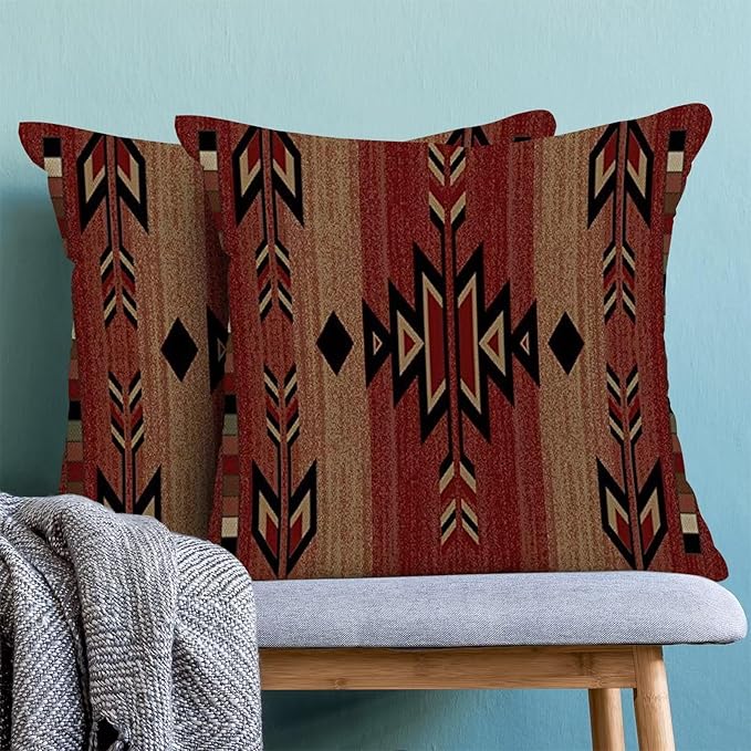 Boho Red Carpet Throw Pillow Covers 18x18 Inch Set of 2, Rustic Tribal Decorative Throw Pillow Covers Antique Red Linen Outdoor Cushion Cover for Sofa Couch Farmhouse Room Bed Decor