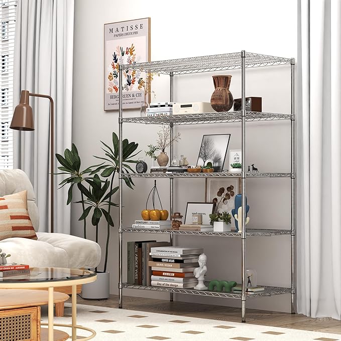 5 Tier Metal Shelving Unit with Wheels, 72" H x 48”W x 24”D Industrial Storage Shelves 1500 LBS Load Capacity, Steel Wire Storage Shelving for Garage, Kitchen, Pantry, Living Room