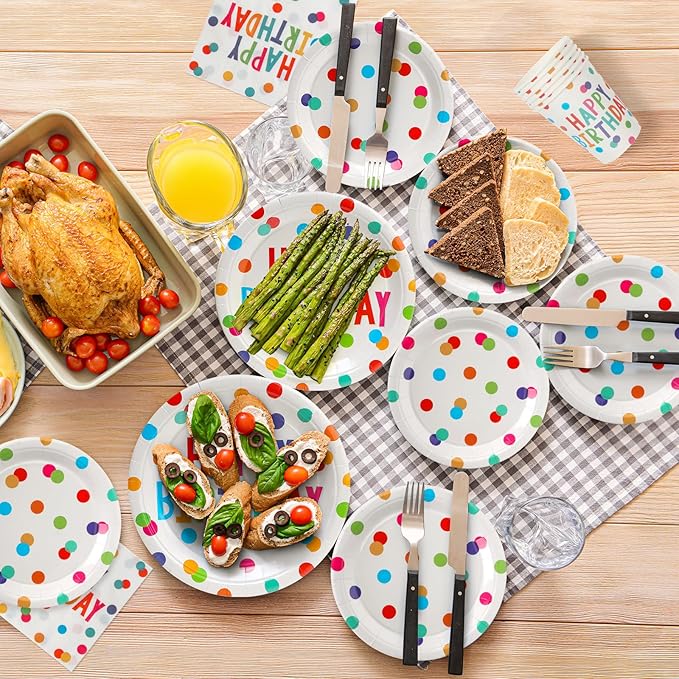 100pcs Birthday Party Plates Disposable Tableware Set Colorful Polka Dots Paper Plates for 25 Guests Party Supplies Baby Shower(Include 7" & 9" Plates, Cups and Napkins)