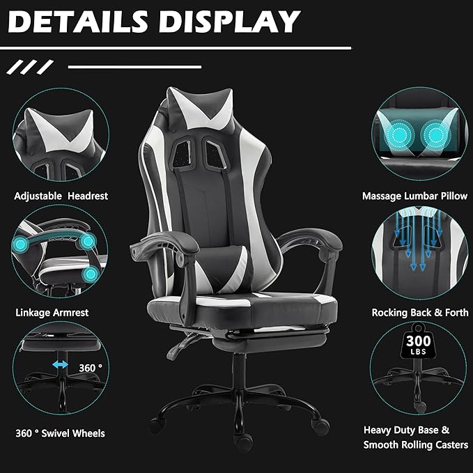 Gaming Chair,Big and Tall Massage Video Game Chairs,Lumbar Support Footrest Padded Armrest Adjustable Height Swivel,300lb Capacity, Comfy Racing Gaming Chairs for Adult Kids (White)