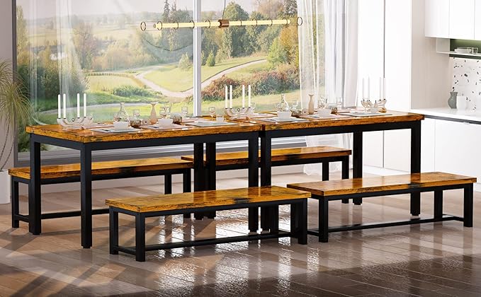 AWQM 43.3" Dining Table Set for 4, Kitchen Dining Table with 2 Benches, Dining Room Table Set with Metal Frame & Thickened Board for Kitchen, Restaurant, Rustic Brown