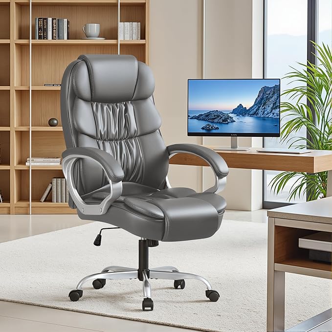 Furmax Leather High Back Office Chair Ergonomic Executive Office Chair Swivel Computer Desk Chair Lumbar Support Soft Cushioned Padded Arms (Grey)
