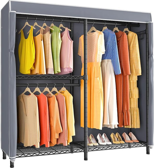 VIPEK V4C Garment Rack with Cover, Heavy Duty Portable Closet Adjustable Metal Clothing Rack for Hanging Clothes with Hanging Rods & Side Hooks, Max Load 810lbs, Black Rack with Grey Cover