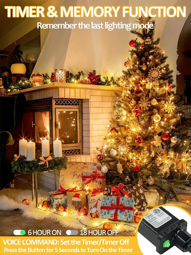 Voice Controlled Smart Christmas Lights Outdoor, 108.8ft 300 LED Twinkle String Light with 7 Voice Commands, 12 Modes & Timer, Dimmable Waterproof Christmas Tree Lights for Party Garden (Warm White)