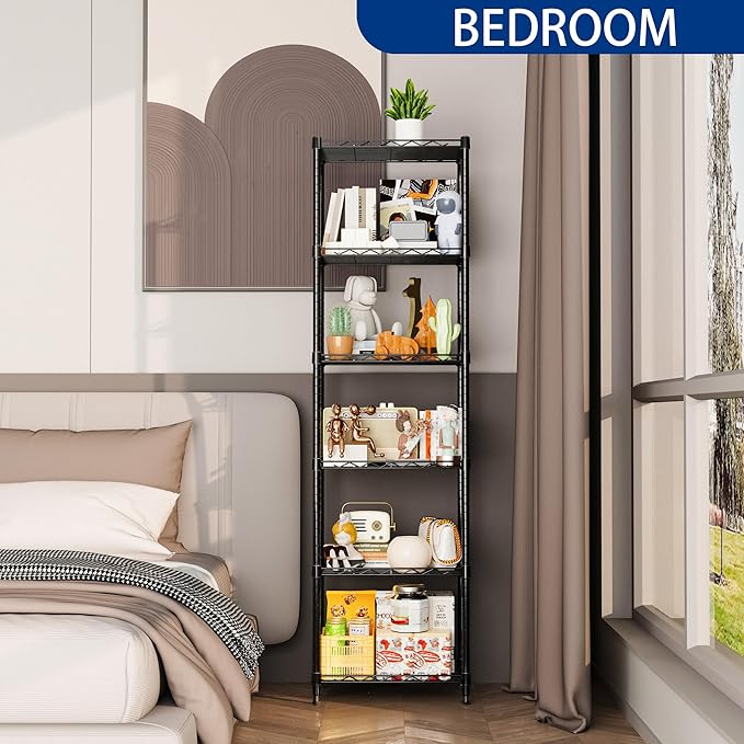 REGILLER 6 Wire Shelving Steel Storage Rack Adjustable Unit Shelves for Laundry Bathroom Kitchen Pantry Closet(Black,11.7" D x 16.8" W x 63" H)