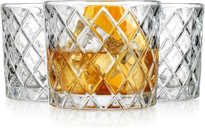 Glaver's Whiskey Glasses Set of 4. 10oz. Double Old Fashioned Glasses for Cocktail Bourbon Rock Glasses,Bar Glasses for Scotch Tequlia Rum. Diamond Cut Glasses. Gift for him