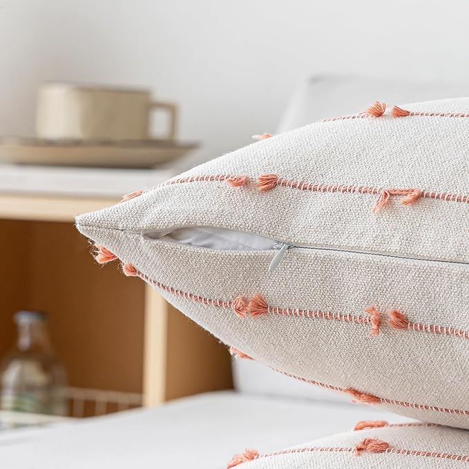 Boho Throw Pillow Covers 24x24 Set of 2 Modern Farmhouse Decorative Cushion Case Tufted Square Pillows Cover Neutral Pillow Cases Accent Pillowcase for Sofa,Couch,Bed,Beige and Pink