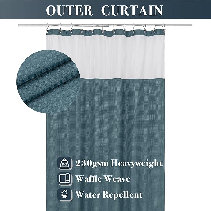 N&Y HOME Waffle Weave Shower Curtain with Snap-in Fabric Liner & 12 Metal Hooks Set - Hotel Style, Waterproof & Washable, Heavyweight Fabric & Mesh Top Window - 71x72, Teal