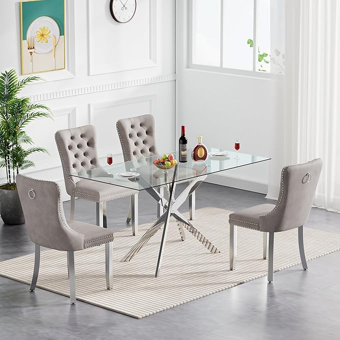 Goujxcy Glass Dining Table Set for 4, Modern Kitchen Table and Chairs Set of 4, 5-Piece Kitchen Dining Room Table Set w/51 Glass Metal Dining Table and 4 Grey Velvet Upholstered Chairs