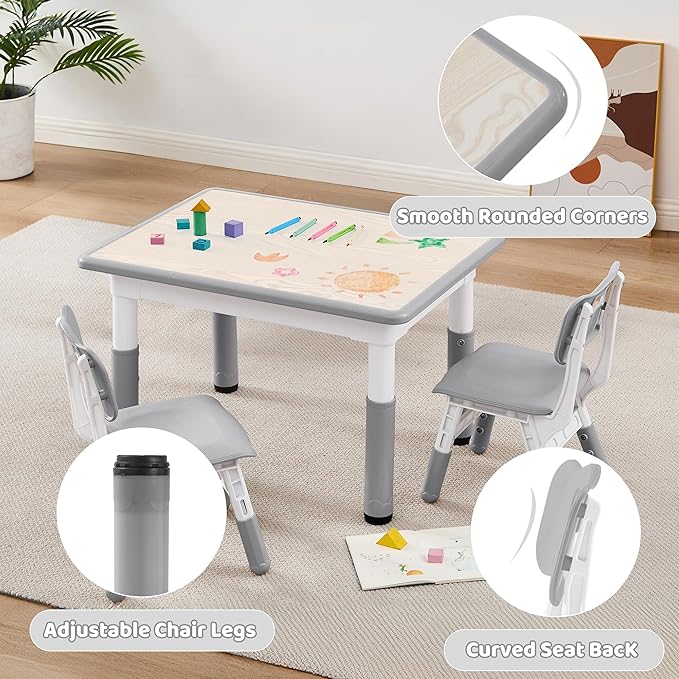 Adjustable Kids Table Chairs Set – Graffiti Desktop, Multi-Activity Height-Adjustable Toddler Study Desk for Ages 3-8 – Ideal for Home, Classroom, Daycare (W-Gray, 2 Chairs-31.5" L x 23.6" W)