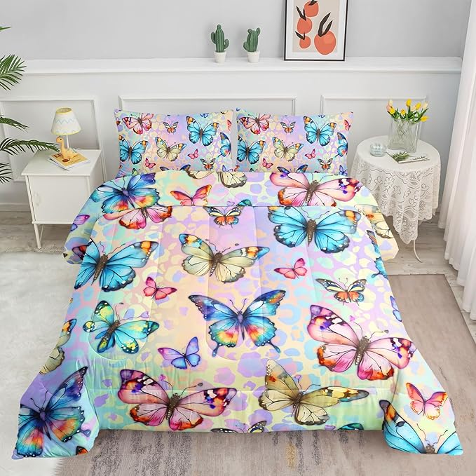 Kids Comforter Set Butterfly Printed Pattern Bedding Set with 1 Comforter and 2 Pillowcases for Girls Boys Bedroom All Season(Butterfly0 Full)