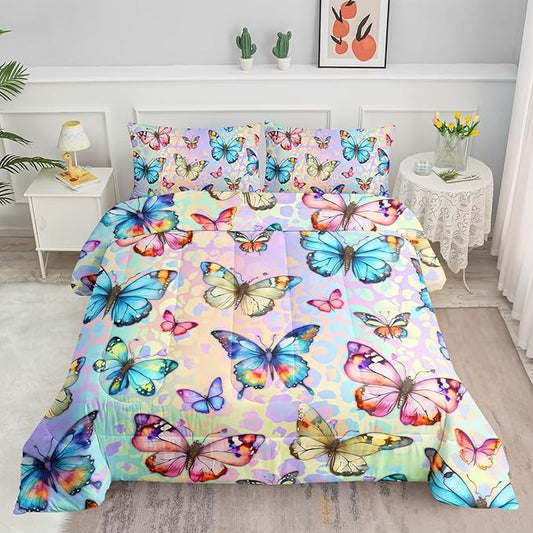 Kids Comforter Set Butterfly Printed Pattern Bedding Set with 1 Comforter and 2 Pillowcases for Girls Boys Bedroom All Season(Butterfly0 Queen)