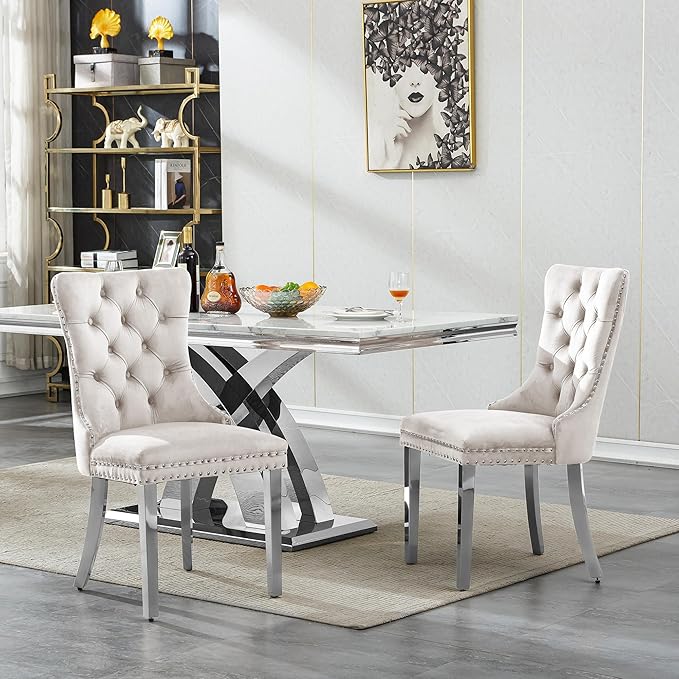 Goujxcy 68" Faux Marble Dining Table Set for 6, 7-Piece Dining Set with White Silver Kitchen Table and 6 Velvet Tufted Chairs, Modern Rectangular Dining Room Table with X-Shape Stainless Steel Base