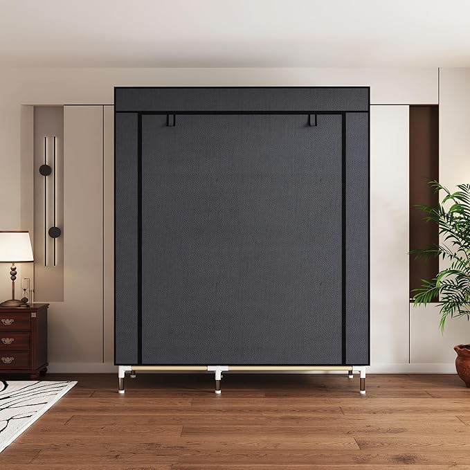 Portable Wardrobe Closet Durable and Easy to Assemble Heavy Duty Clothes Rack with Non-Woven Cover Fabric Best for Bedroom and Easy Storage and Organization (Grey-C)