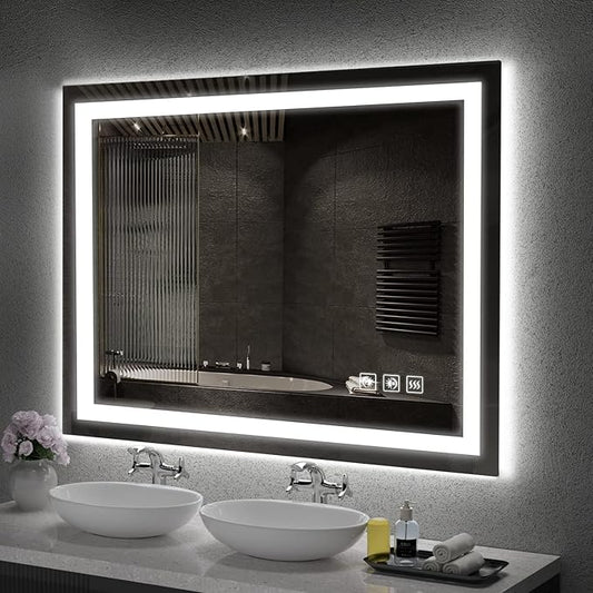 LED Mirror for Bathroom, 48x36 Inch Backlit + Front Lighted Bathroom Vanity Mirror with Lights for Wall, Double Light Strips, 3 Colors, Shatter-Proof, Anti-Fog and Brightness Memory