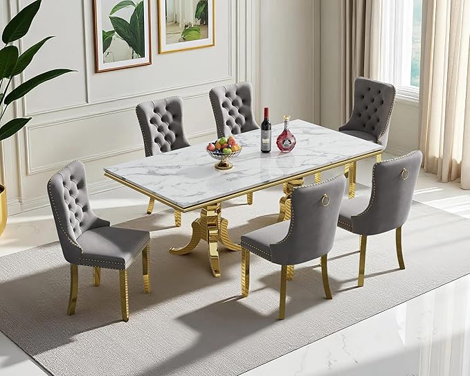 Goujxcy Faux Marble Dining Table Set for 6, Modern 7-Piece Dining Table Set with 6 Velvet Upholstered Chairs, 70" Large Long Faux Marble Kitchen Dining Room Table and Chairs with Stainless Steel Legs