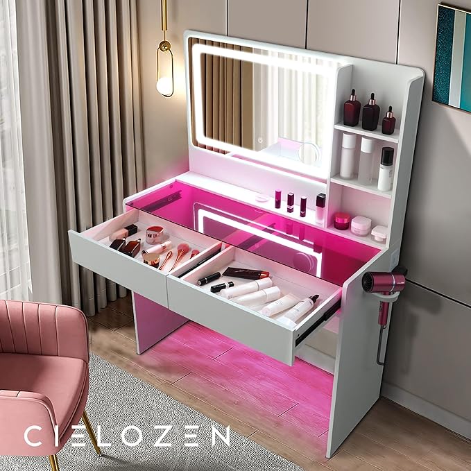 Vanity Desk,Transparent Desktop,Multiple Color Ambient Lights,with Mirror and Tri Color Light Strip,Dressing Table with Charging Station,Equipped with 2 Drawers,White