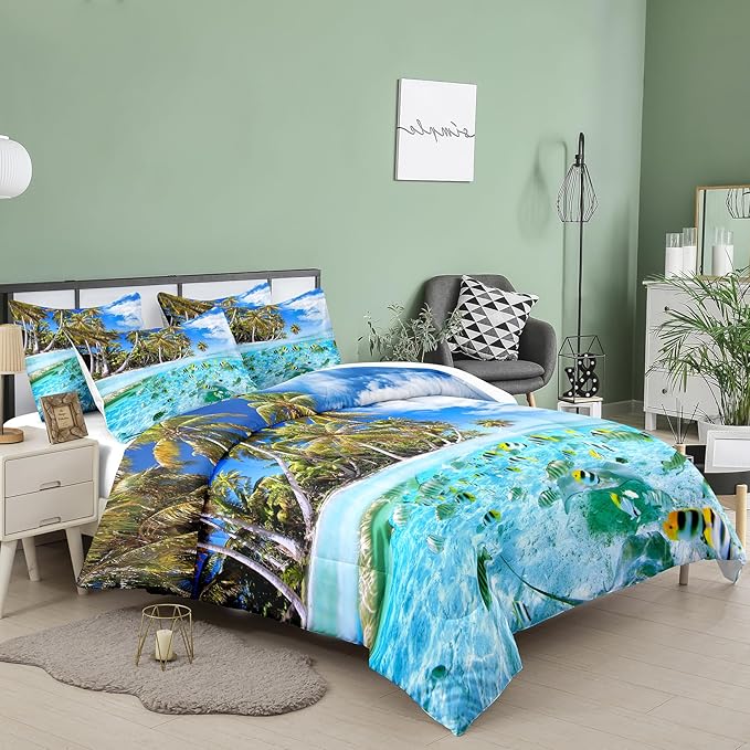 Tailor Shop Coastal Comforter Sets Coastal Bedding Sets Full Size Beach Themed Fish Bedding Set Sea Ocean Bed Sets with 1 Comforter 2 Pillowcases…