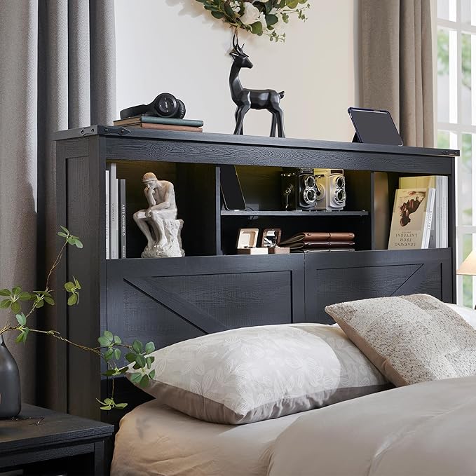 ACCOHOHO Farmhouse King Size Bed Frame with 52" High Storage Bookcase Headboard and 4 Drawers,Wooden Bed Frame with LED Light and Charging Station,Black