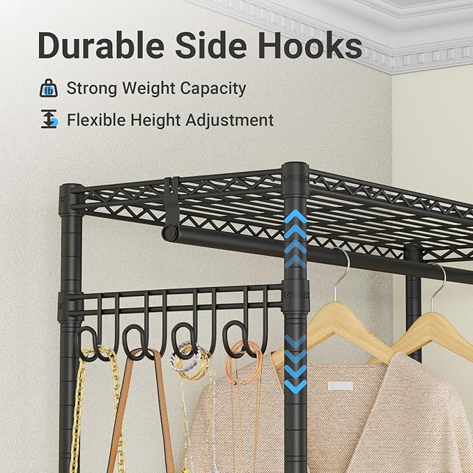 VIPEK V4C Garment Rack with Cover, Heavy Duty Portable Closet Adjustable Metal Clothing Rack for Hanging Clothes with Hanging Rods & Side Hooks, Max Load 810lbs, Black Rack with Black Cover