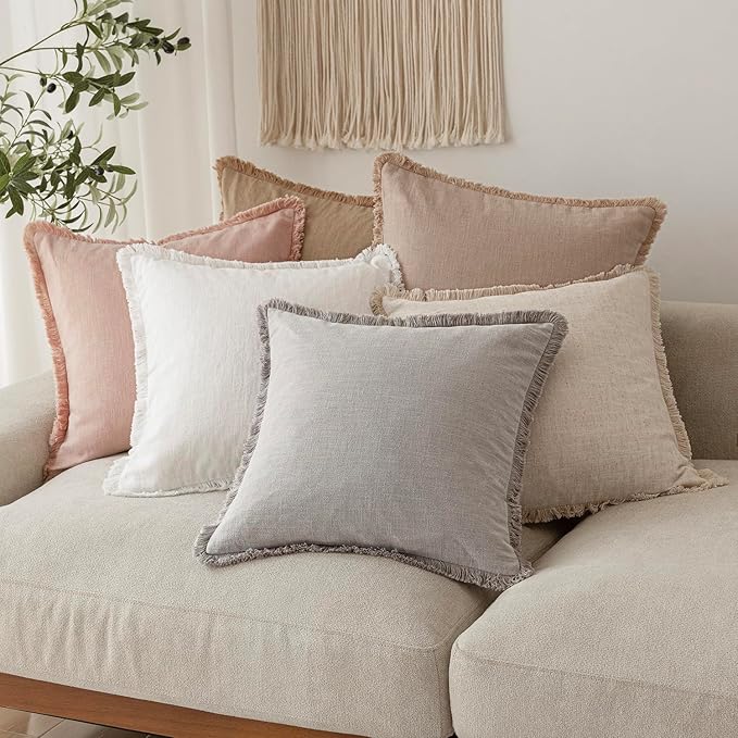 Foindtower Set of 2 Decorative Linen Fringe Throw Pillow Covers Boho Farmhouse Cushion Cover with Tassels Soft Accent Pillowcase for Couch Chair Sofa Bed Living Room Home Decor,20×20 Inch,Light Pink