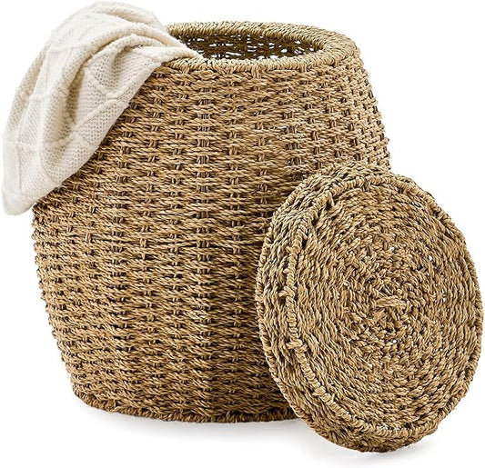 Round Wicker Basket with Lid, Handwoven Seagrass Storage Basket, Blanket Organizer Basket for Laundry, Bathroom, Bedroom, Living Room, Office