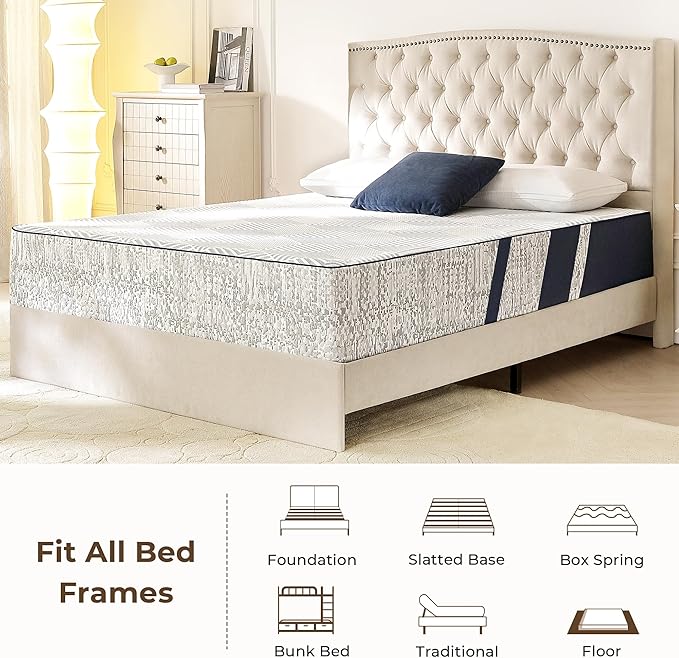 Queen Mattress,12 Inch Gel Memory Foam Mattress Queen Size, for Pressure Relief & Spine Support, Diamond Pattern Design, Medium Feel, CertiPUR-US Certified