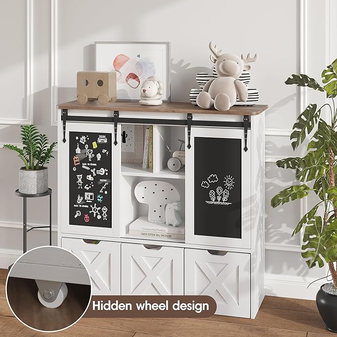 Vabches Toy Storage Organizer with Sliding Blackboard, Kids Bookshelf and Bookcase with 3 Movable Drawers & 5 Storage Cubbies, Multifunctional Storage Cabinet Toy Chest for Playroom,Nursery, Kids Room