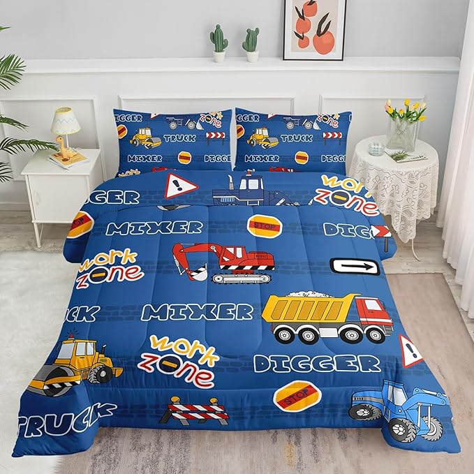 Kids Comforter Set Butterfly Printed Pattern Bedding Set with 1 Comforter and 2 Pillowcases for Girls Boys Bedroom All Season(Truck Full)