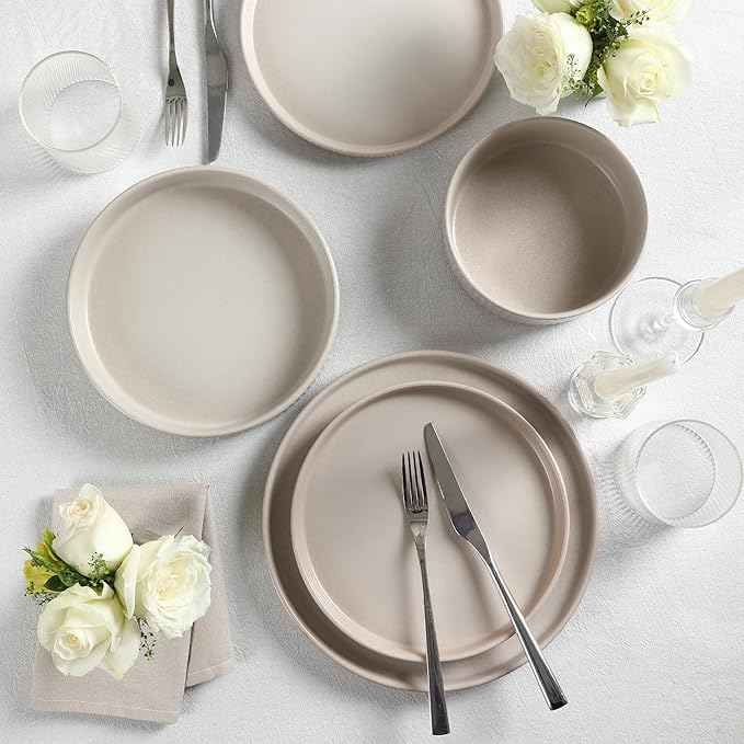 Stone Lain Haven 12-Piece Dinnerware Set, Beige, Includes 4 Dinner Plates, 4 Salad Plates, 4 Bowls, Microwave & Dishwasher Safe
