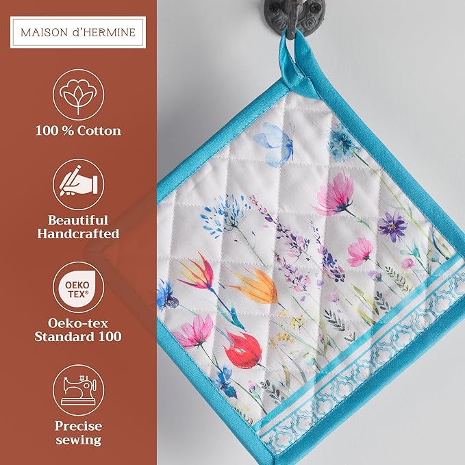 Maison d' Hermine Pot Holders 100% Cotton Heat Resistant Potholders 8" x 8" Hot Pads with Loop BBQ, Cooking, Baking, Grilling, Kitchen, Handling Hot Pans Spring/Summer (Pack of 1, Flower In The Field)
