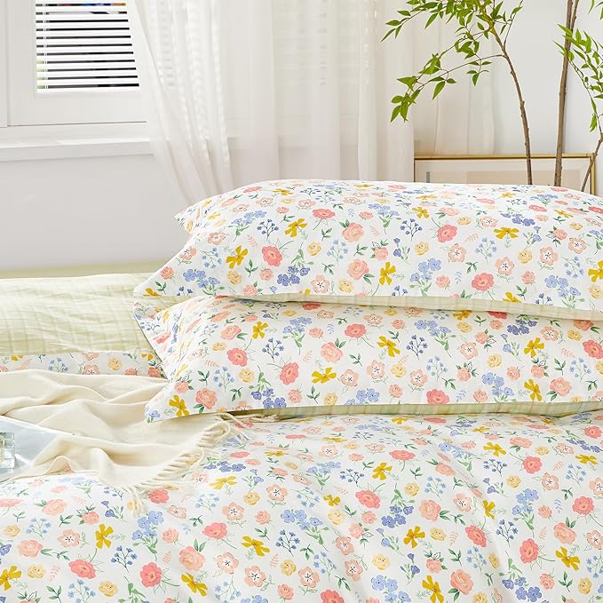 SAPHREAS King Size Colorful Flowers Duvet Cover Set 3pcs Botanical Floral Bedding Comforter Cover Set 100% Cotton 1 Duvet Cover 104"x90" 2 Pillow Shams, Comforter Not Included