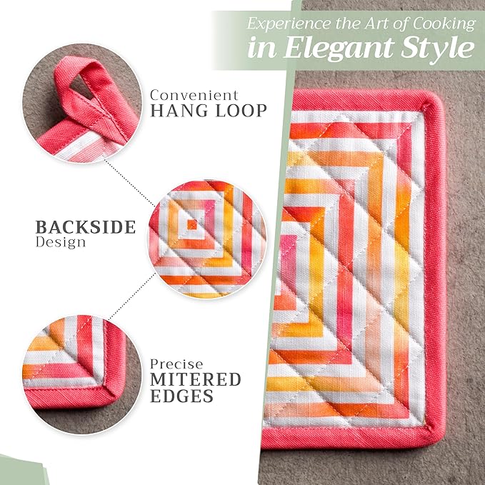Maison d' Hermine Pot Holders Set 100% Cotton Heat Resistant Potholders 8" x 8" Hot Pads with Loop BBQ, Cooking, Baking, Grilling, Kitchen, Handling Hot Pans Spring/Summer (Pack of 2, Summer Maze)