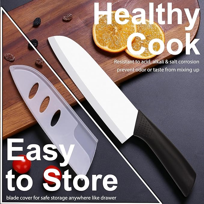 Ceramic Knife - 7 inch Chef's Santoku Knife - Sharp Ceramic Kitchen Knife with Sheath Cover