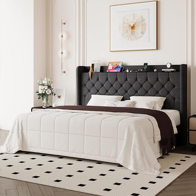 Allewie King Size Bed Frame, Storage Headboard with Charging Station,Wingback Linen Upholstered, Diamond Stitched Button Tufted, Sturdy Wooden Slats, No Box Spring Needed, Easy Assembly, Dark Gray
