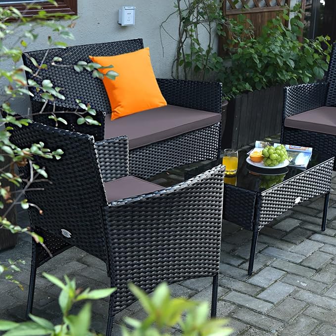 Tangkula 8 Pieces Patio Furniture Set, Outdoor Wicker Conversation Set with Tempered Glass Tabletop, Rattan Sofa and Chairs Set with Off White & Grey Cushion Covers