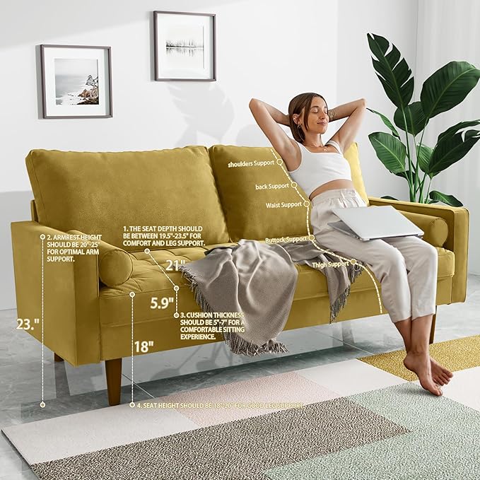 Modern Sofa,70 Inch Velvet Couch for Living Room,Spring Cushions,Easy Assembly Modern Couches with Throw Pillow for Small Spaces (Goldenrod)