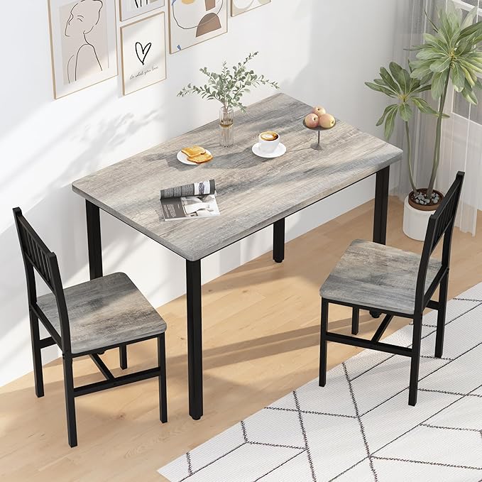 AWQM 3 Piece Dining Table Set for 2, Small Kitchen Table Set for 2 with Chairs,Wood Breakfast Nook Table and Chairs Set of 2,Dinette Set for Small Space,Dining Room,Apartment, Grey