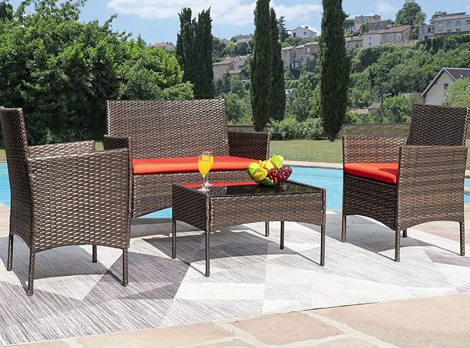 Greesum Patio Furniture 4 Pieces Conversation Sets Outdoor Wicker Rattan Chairs Garden Backyard Balcony Porch Poolside loveseat with Soft Cushion and Glass Table, Brown and Red