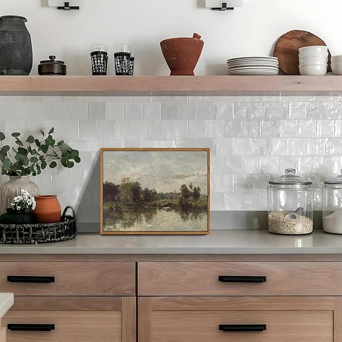 Floating Framed Canvas Wall Art - Tranquil River Landscape Pictures Prints, Countryside Vintage Scenery Paintings Wall Decor for Living Room Bedroom Office Home Decoration 8x10 inch