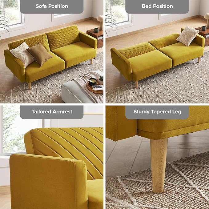 mopio 76.8" Futon Sofa Bed, Small Couch, Sleeper, Loveseat, Mid Century Modern Futon Couch, Sofa Cama, Couches for Living Room (Antique Gold Premium Velvet)
