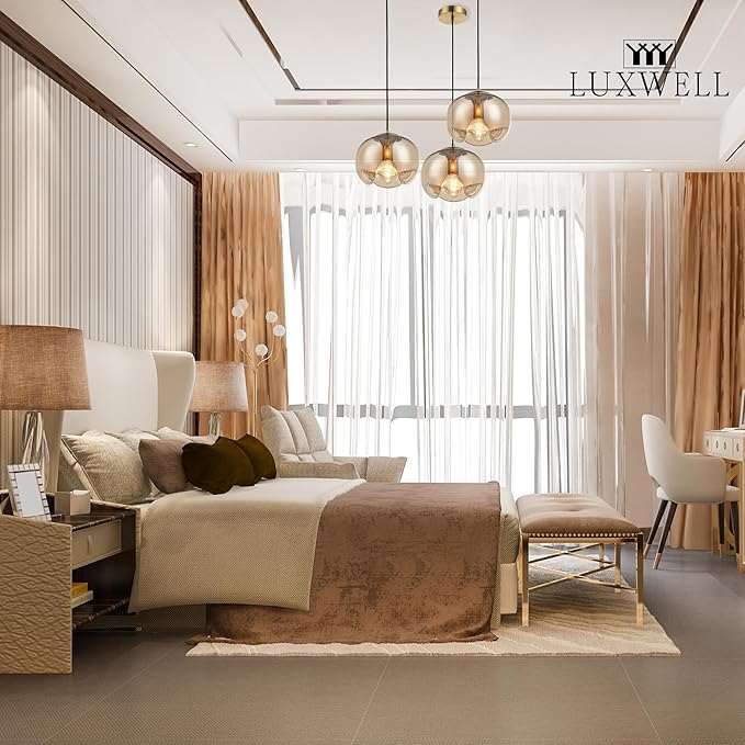 Modern Globe Pendant Light, 9"x9" Amber Gradient Glass Hanging Fixture with Gold Base, 15"-72" Adjustable Line, E26 Socket for Living Room, Dining Area, or Entryway – Warm Taupe Globe