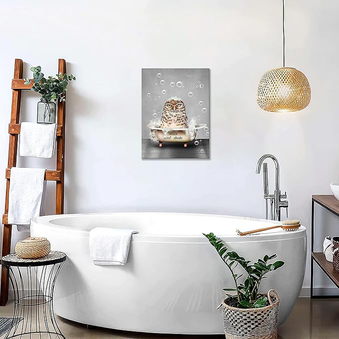 Funny Owl Bathroom Wall Art Farmhouse Animal Owl In Bathtub Pictures Wall Decor Bubble Bath Bathroom Pictures For Wall Canvas Prints Painting Artwork Home Decorations For Bathroom Framed 12"x16"