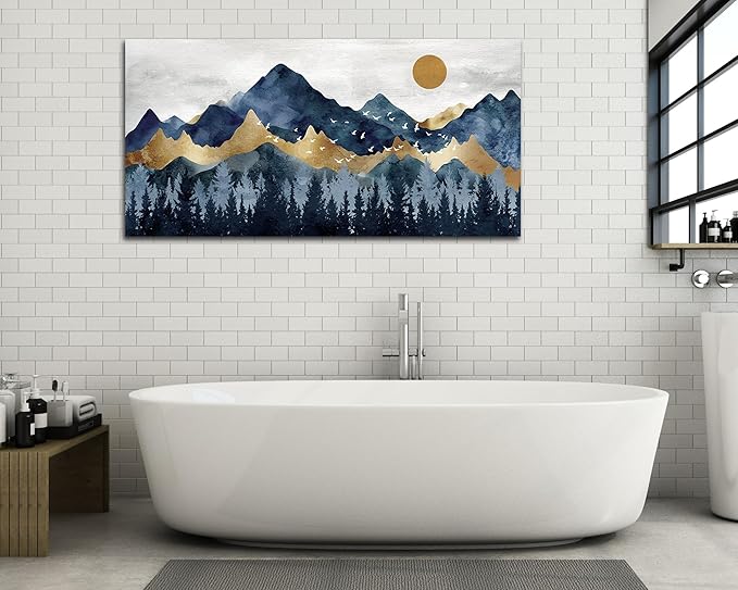 Abstract Nordic Canvas Wall Art - Indigo Blue and Brown Mountain Forest Picture Wall Decor Sun Birds Canvas Painting Nature Landscape Prints Artwork for Living Room Bedroom Decoration 24" x 48"