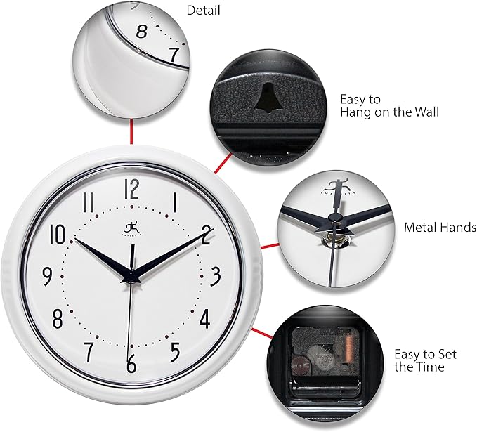 Infinity Instruments LTD. Retro 9 inch Silent Sweep Non-Ticking Mid Century Modern Kitchen Diner Wall Clock Quartz Movement Retro Wall Clock Decorative (White)…