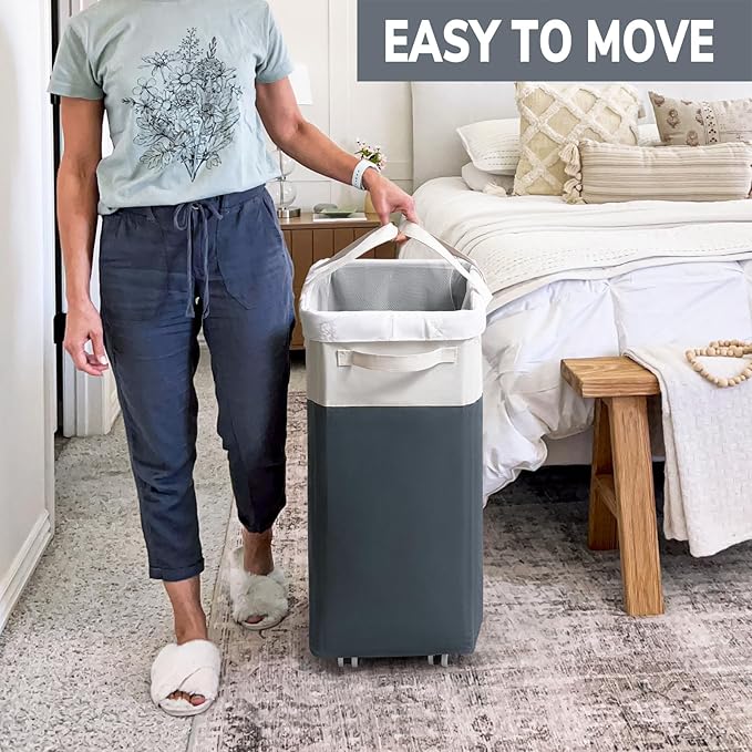 Goodpick Laundry Basket with Wheels, 75L Laundry Hamper for Dirty Clothes, College Dorm Essentials, Clothes Hamper for Livng Room, Grey&White