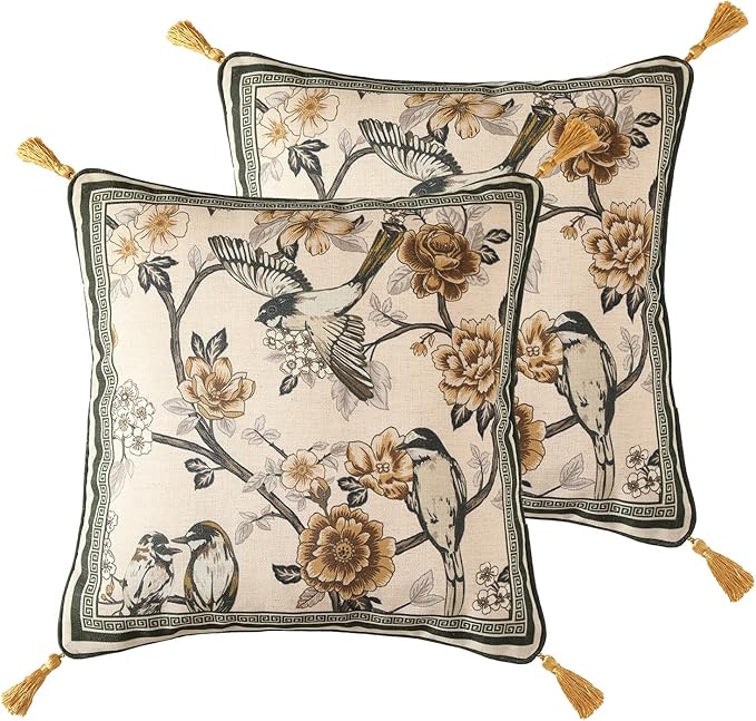 Design Linen Chinoiserie Square Throw Pillow Covers 18"x18" Pack of 2, Farmhouse Cushion Covers with Yellow Floral Birds Pattern Decoration Pillowcases for Bed,Living Room,Outdoor,Car