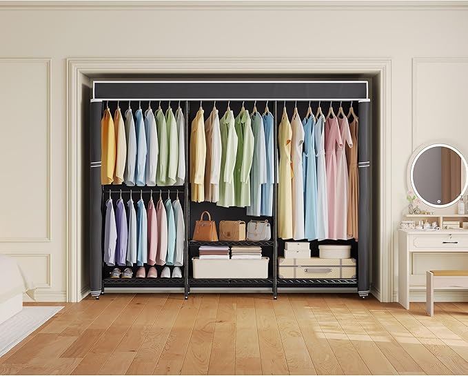 H8 Garment Rack with Cover, Portable Closet for Hanging Clothes, Heavy Duty Clothes Rack Wardrobe Closet Organizer and Storage, Black Clothing Rack Shelf with Black Fabric Cover